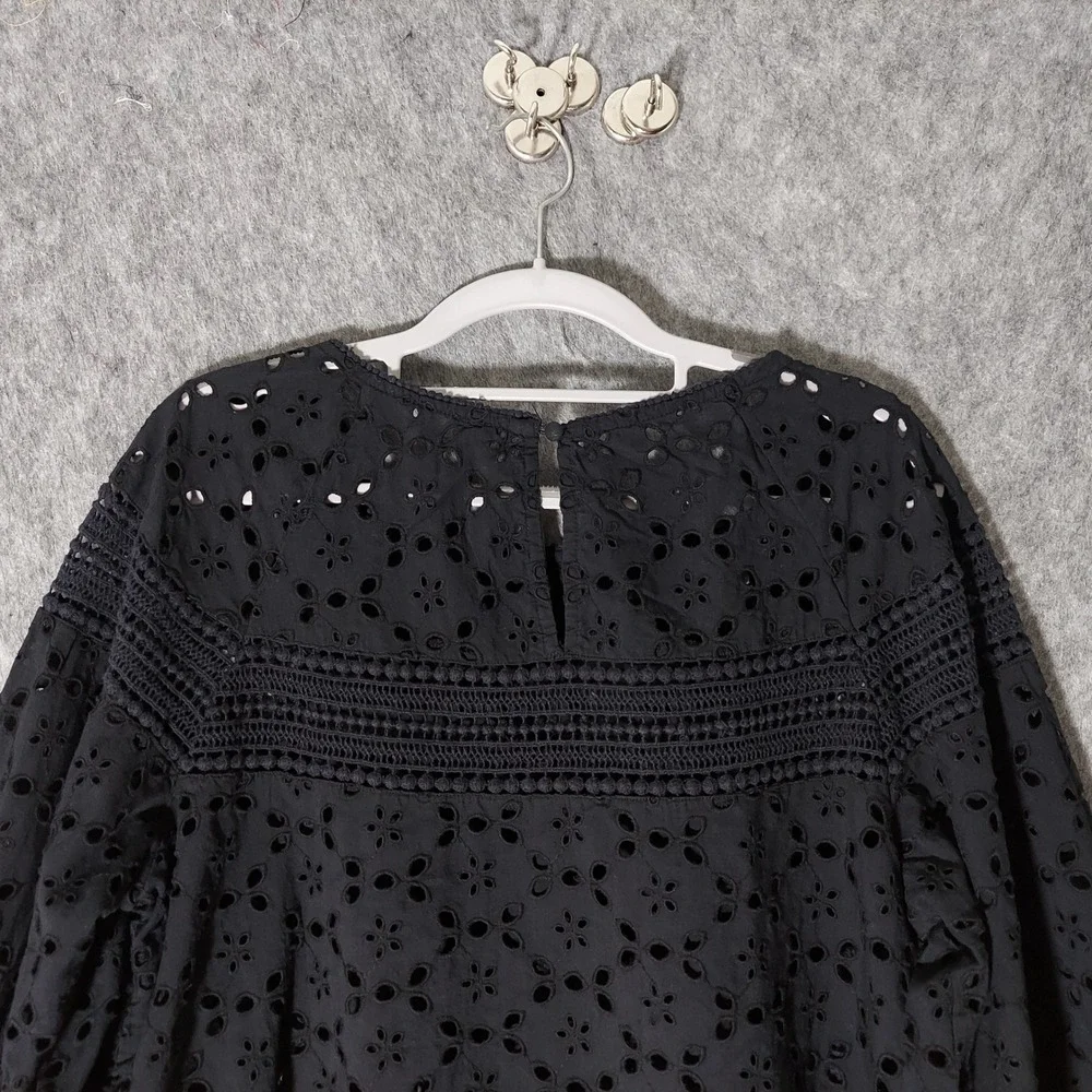 Anthropologie Women Blouse M Black Festival Eyelet Balloon Sleeve Crochet Tunic